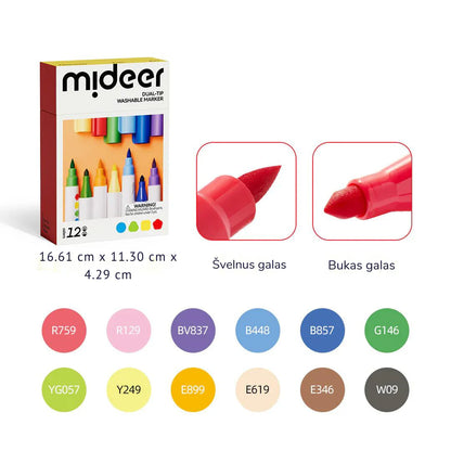 Mideer - Dvipusiai nuplaunami markeriai flomasteriai - 12 spalvų