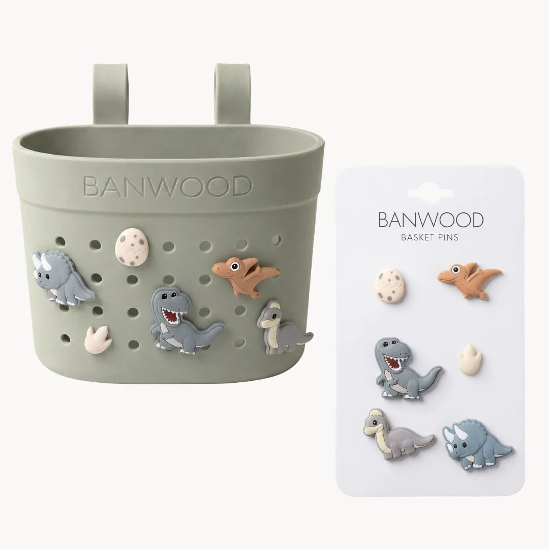 Banwood krepšelis paspirtukui ar dviračiui ir ženkliukai - Olive Dinosaurs