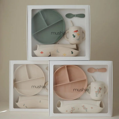 Mushie – silikoninis maitinimo rinkinys – pink flowers