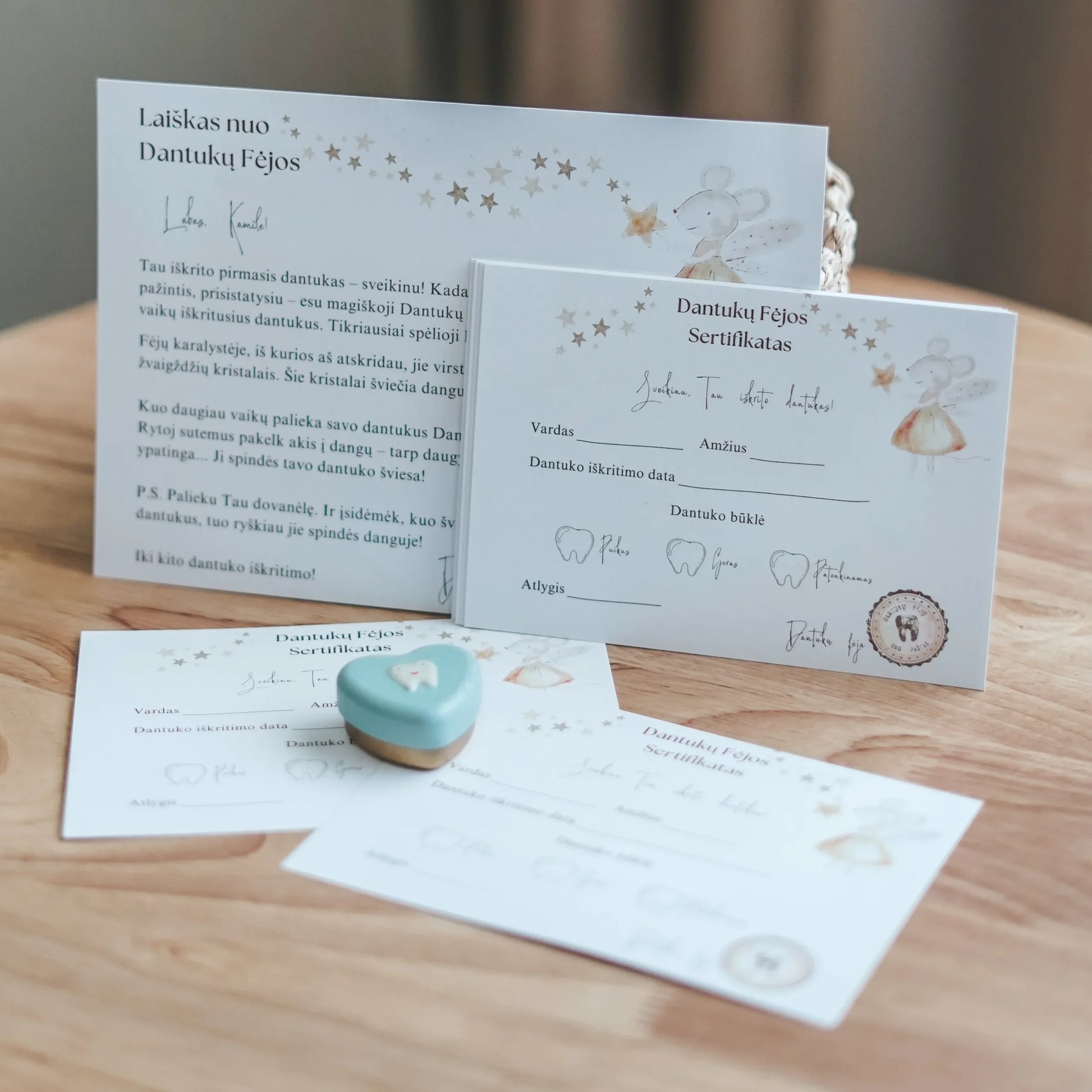 Dantukų fėjos rinkinys: Laiškas, sertifikatai (15 vnt), dantukų dėžutė, pelytė