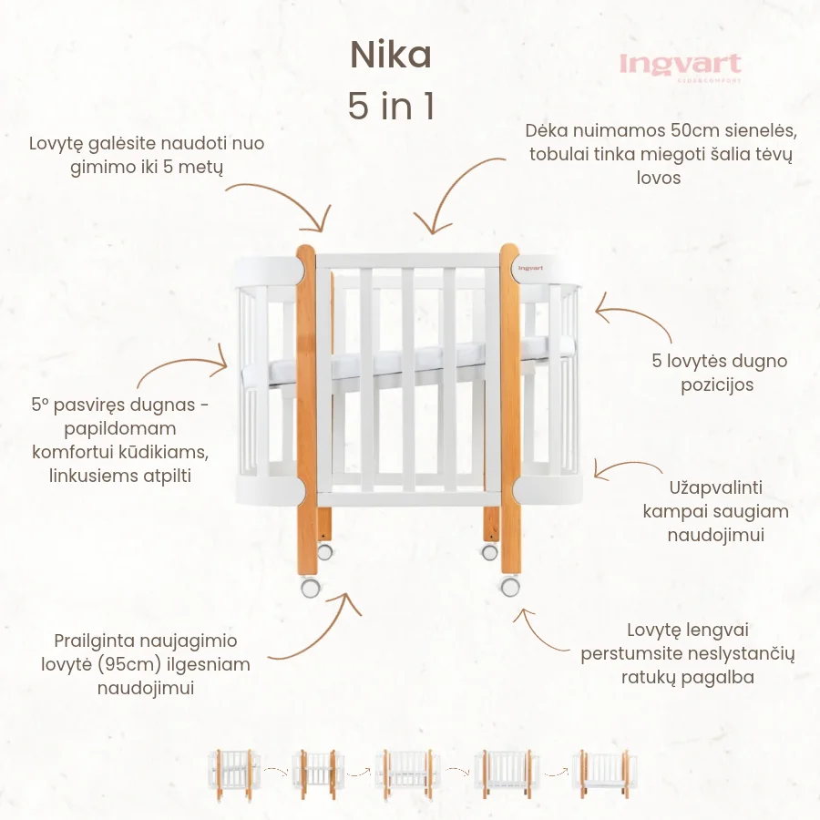 Ingvart transformuojama kūdikio lovytė - Nika natural + white