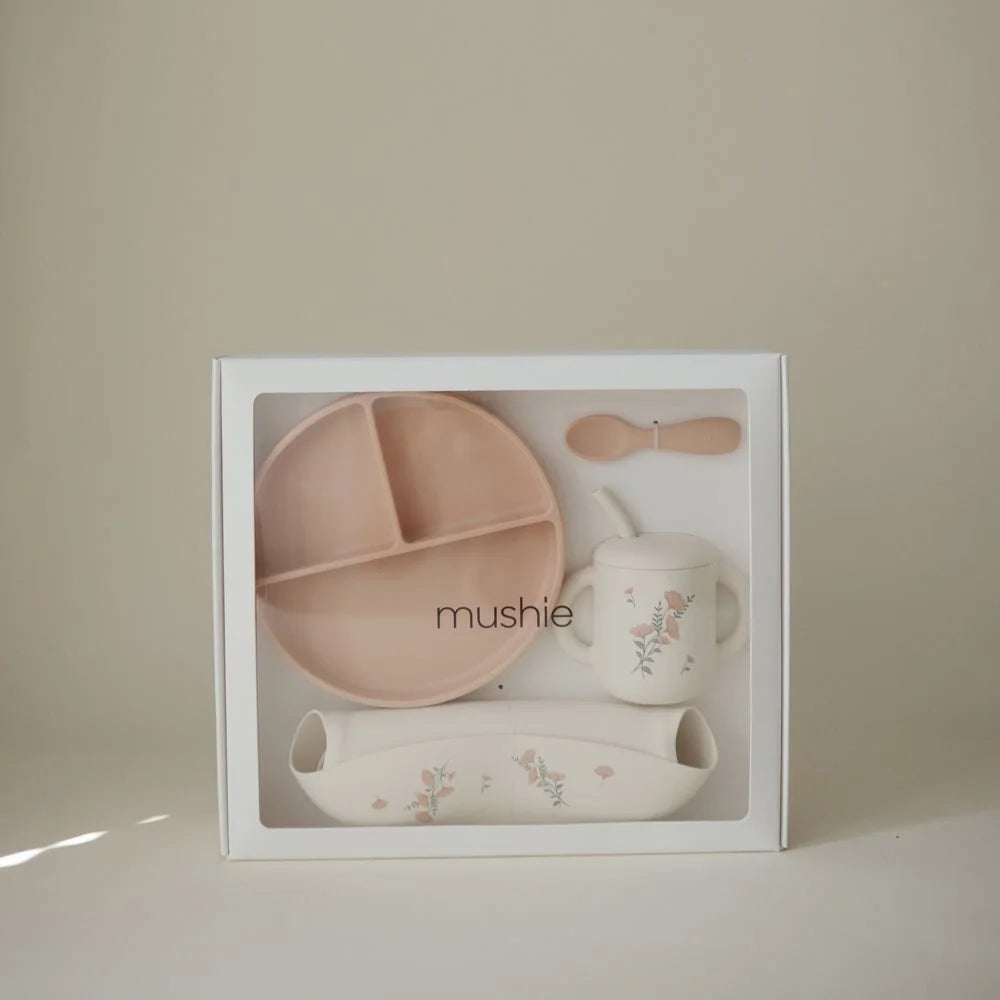 Mushie – silikoninis maitinimo rinkinys – pink flowers