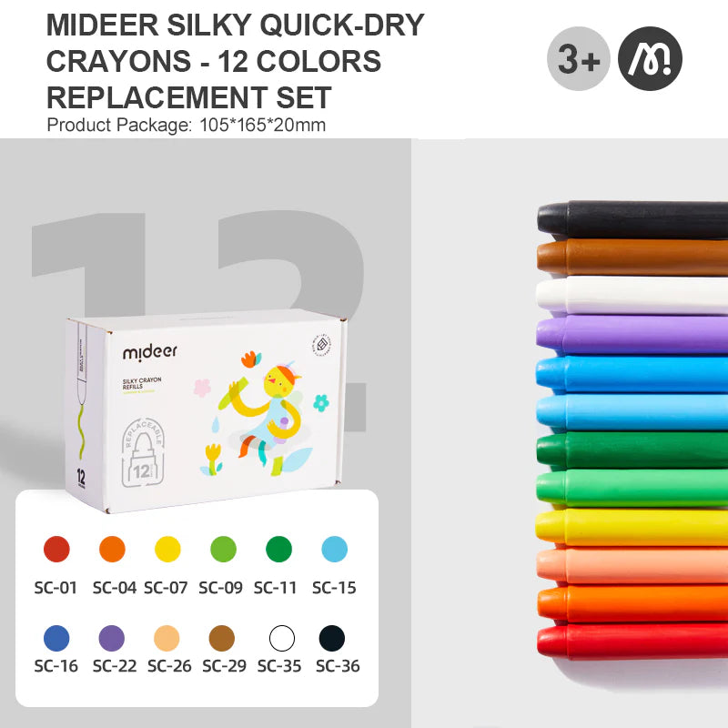 Mideer - Šilkinių kreidelių papildymas, 12 spalvų