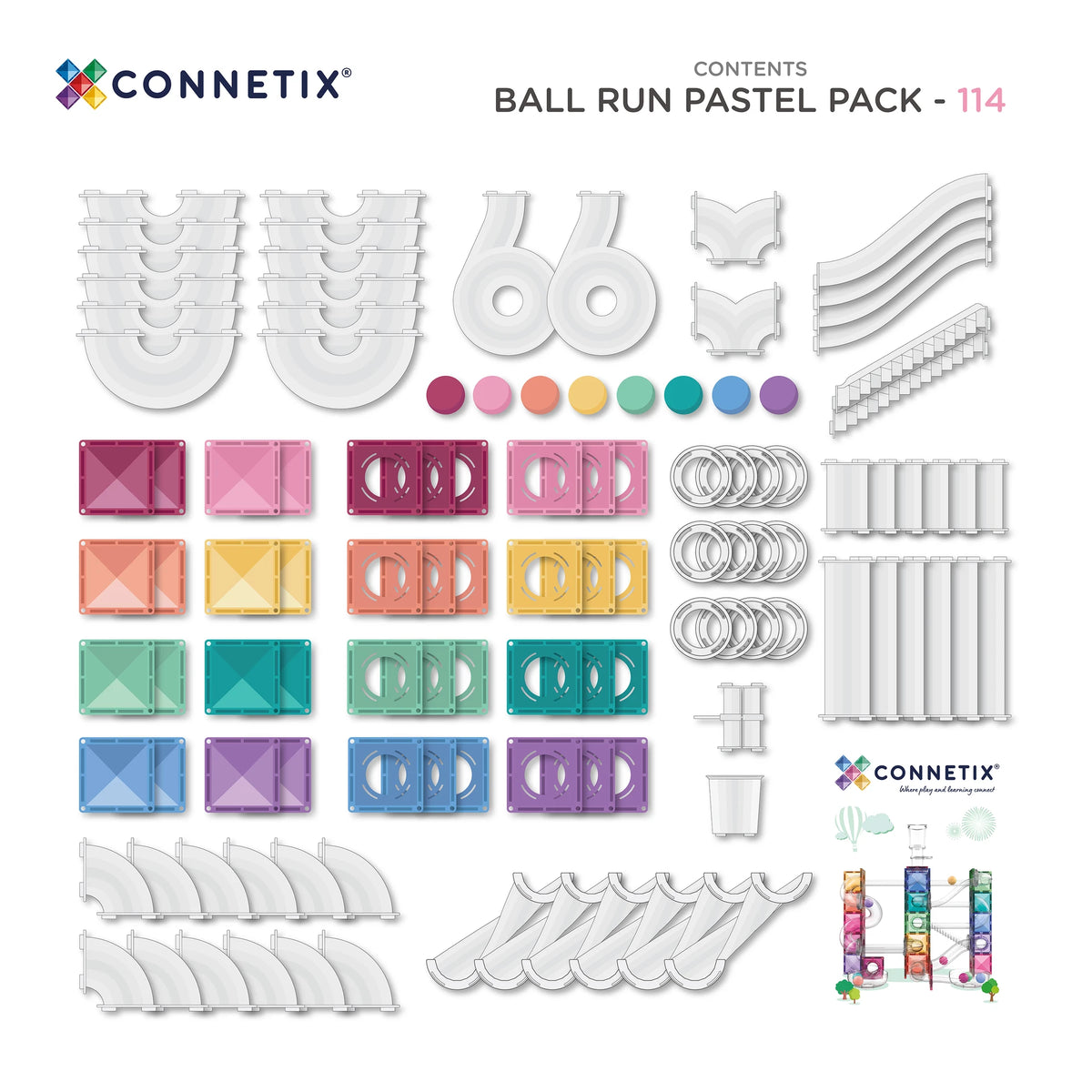 Connetix 114 dalių magnetinis konstruktorius - Ball Run Pastel