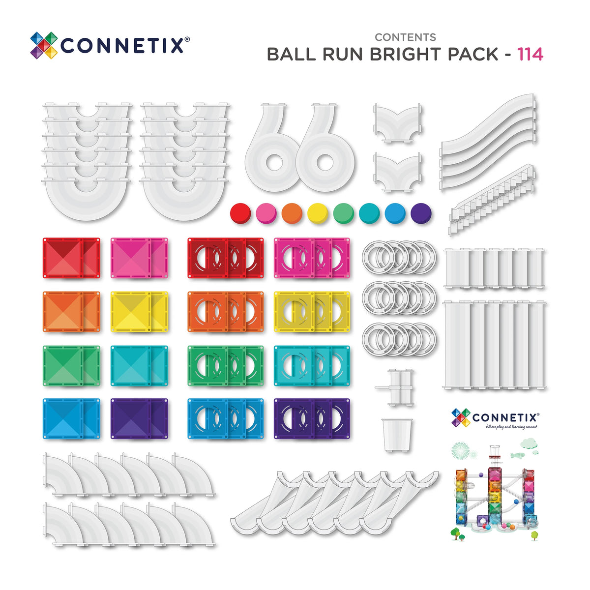 Connetix 114 dalių magnetinis konstruktorius - Ball Run Bright