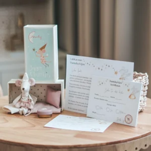 Dantukų fėjos rinkinys: Laiškas, sertifikatai (15 vnt), dantukų dėžutė, pelytė