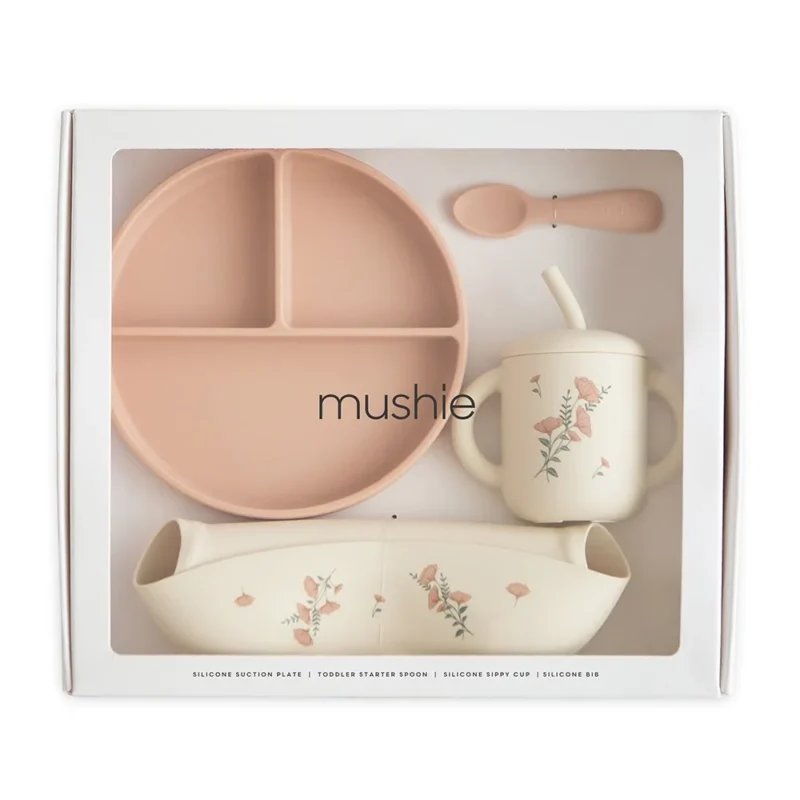 Mushie – silikoninis maitinimo rinkinys – pink flowers