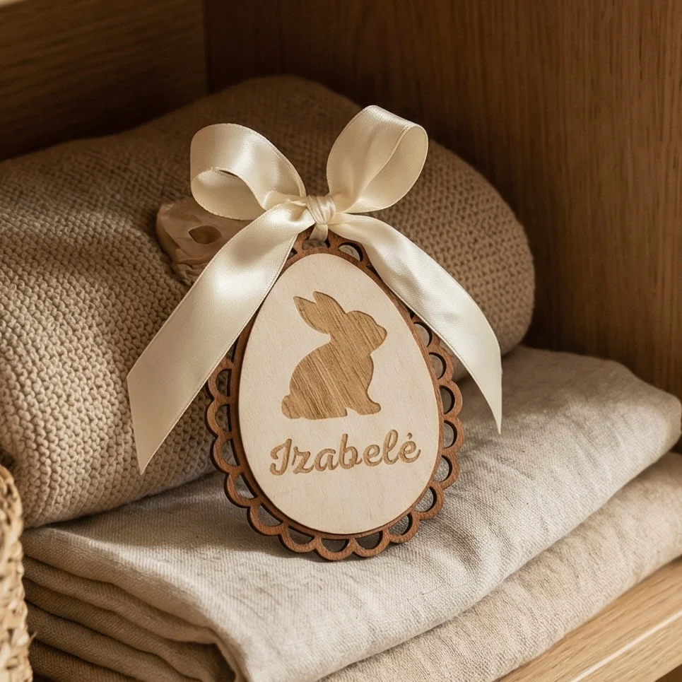 Velykinis medinis pakabukas su vaiko vardu