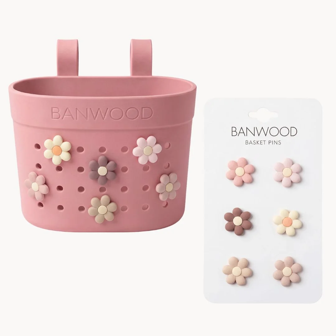 Banwood krepšelis paspirtukui ar dviračiui ir ženkliukai - Raspberry Flowers