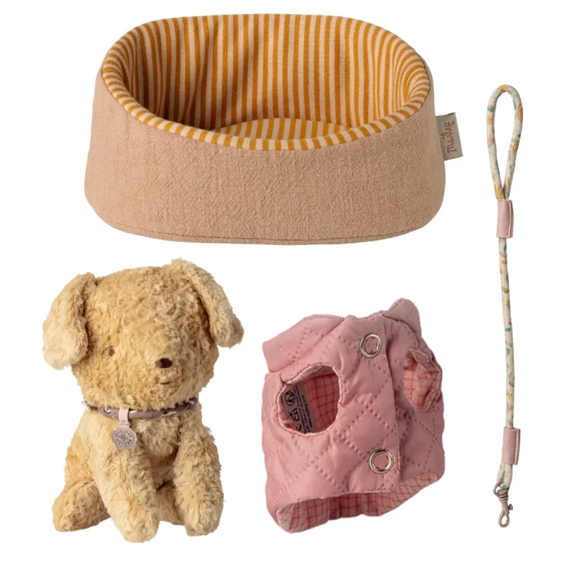Maileg rinkinys - šuniukas, gultukas ir pavadėlis